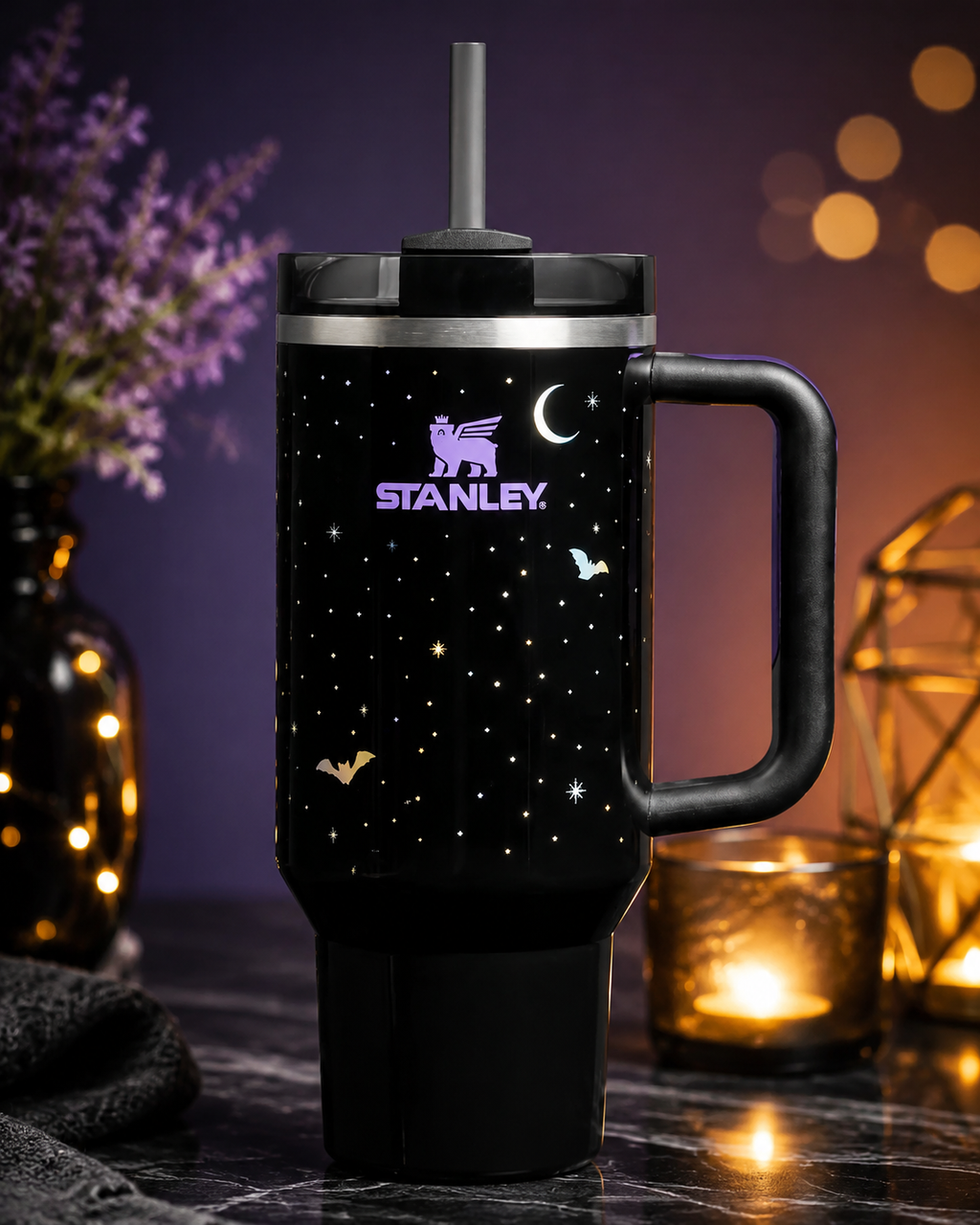 40oz Black Galaxy Starry Night Insulated Tumbler With Handle & Straw – Premium Stainless Steel Travel Cup
