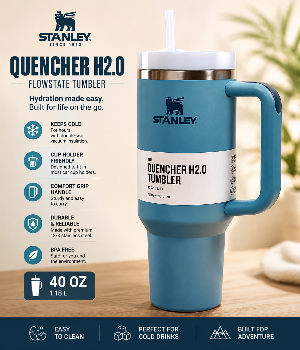 Stanley Quencher H2.0 FlowState Tumbler with Handle – 40 oz Insulated Stainless Steel Travel Cup